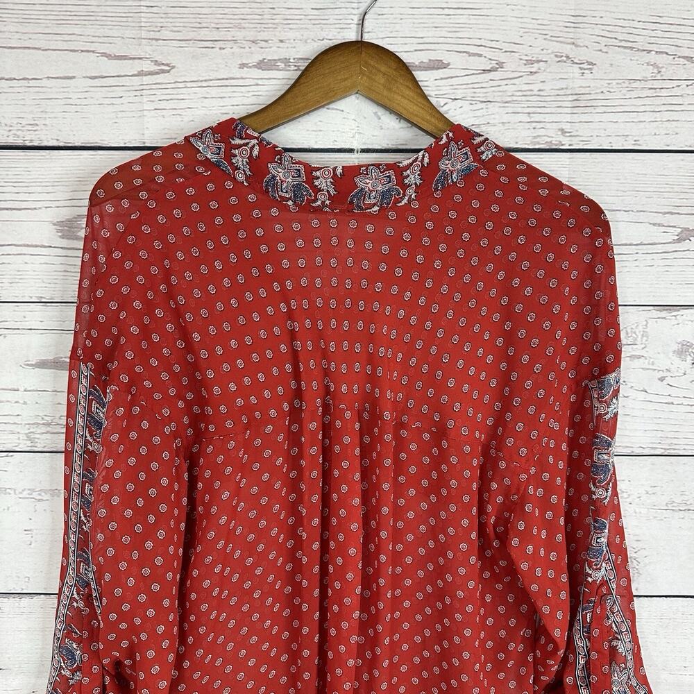 Free People Shirt Womens Medium Red Flowy Chiffon Floral Whimsical Blouse Hi Low - Picture 4 of 9